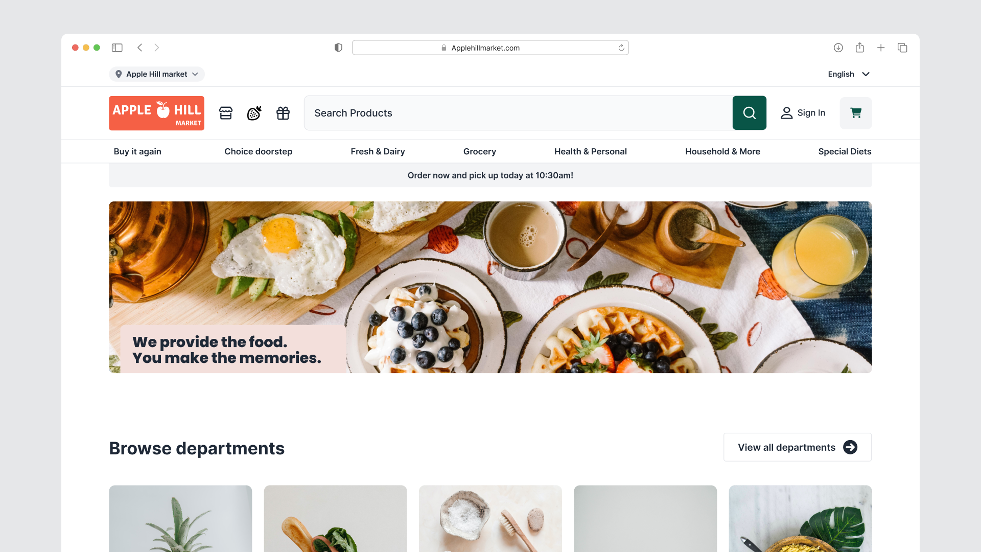The redesigned ShopHero homepage for Apple Hill Market in a browser window.